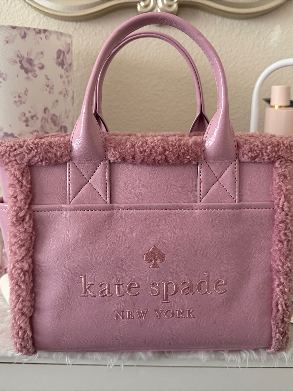 kate spade Pink Shearling-Trim Leather Tote Bag